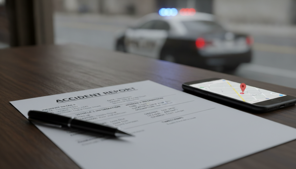 A detailed police report on a wooden desk, prominently featuring the words "Accident Report" at the top. The foreground shows a pen lying beside the report, with neatly printed text detailing the incident, vehicle information, and time stamps. The middle ground includes a smartphone displaying a map with a pin marker, hinting at the accident's location. In the background, a blurred scene of a police cruiser can be seen, with flashing lights dimmed, creating a sense of urgency and professionalism. Soft, natural lighting highlights the textures of the paper and wood, suggesting a serious yet calm atmosphere. The overall mood should convey clarity and attention to detail, emphasizing the importance of documenting the incident correctly. A detailed police report on a wooden desk, prominently featuring the words "Accident Report" at the top. The foreground shows a pen lying beside the report, with neatly printed text detailing the incident, vehicle information, and time stamps. The middle ground includes a smartphone displaying a map with a pin marker, hinting at the accident's location. In the background, a blurred scene of a police cruiser can be seen, with flashing lights dimmed, creating a sense of urgency and professionalism. Soft, natural lighting highlights the textures of the paper and wood, suggesting a serious yet calm atmosphere. The overall mood should convey clarity and attention to detail, emphasizing the importance of documenting the incident correctly.