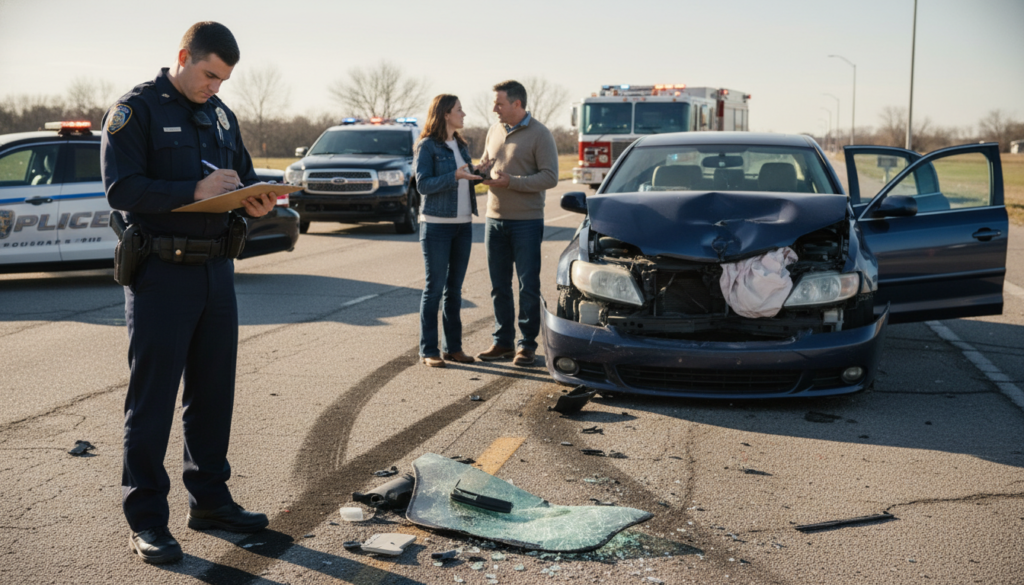 A detailed scene depicting a police report at the site of a car accident. In the foreground, a police officer in a professional uniform is writing notes on a clipboard, surrounded by debris from the accident—bent metal, broken glass, and tire marks on the asphalt. In the middle ground, a damaged vehicle with crumpled fenders and deployed airbags sits nearby, with a couple of concerned individuals in modest casual clothing discussing the situation. The background features emergency vehicles with flashing lights adding a sense of urgency. The lighting is natural, illuminating the scene, casting dynamic shadows for a realistic effect. The mood is serious and focused, capturing the immediate actions taken at an accident scene. A detailed scene depicting a police report at the site of a car accident. In the foreground, a police officer in a professional uniform is writing notes on a clipboard, surrounded by debris from the accident—bent metal, broken glass, and tire marks on the asphalt. In the middle ground, a damaged vehicle with crumpled fenders and deployed airbags sits nearby, with a couple of concerned individuals in modest casual clothing discussing the situation. The background features emergency vehicles with flashing lights adding a sense of urgency. The lighting is natural, illuminating the scene, casting dynamic shadows for a realistic effect. The mood is serious and focused, capturing the immediate actions taken at an accident scene.